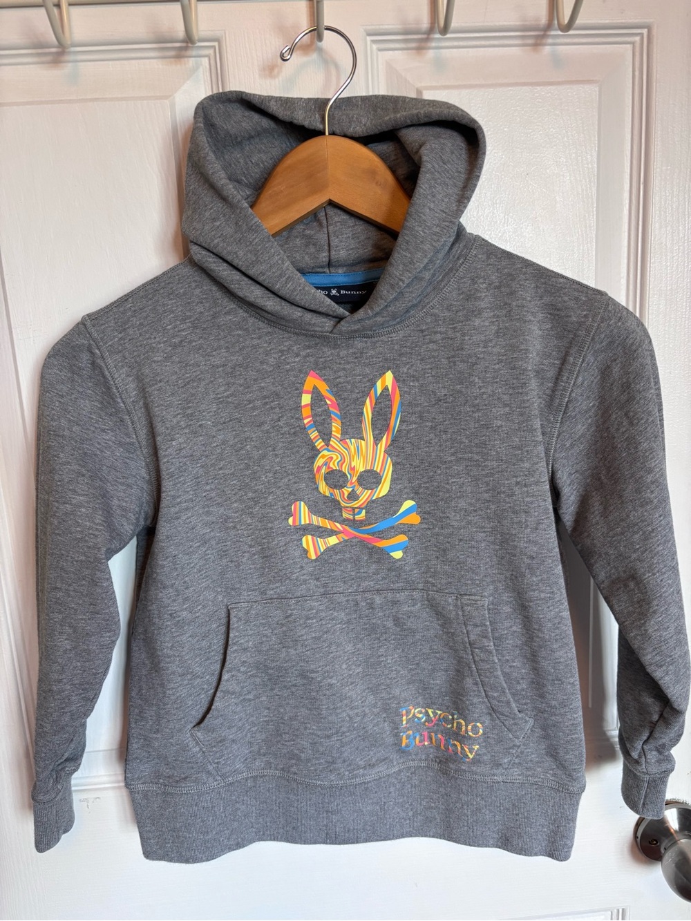 Psycho Bunny Kids Heather Gray Hoodie with Multicolor Striped Bunny Logo